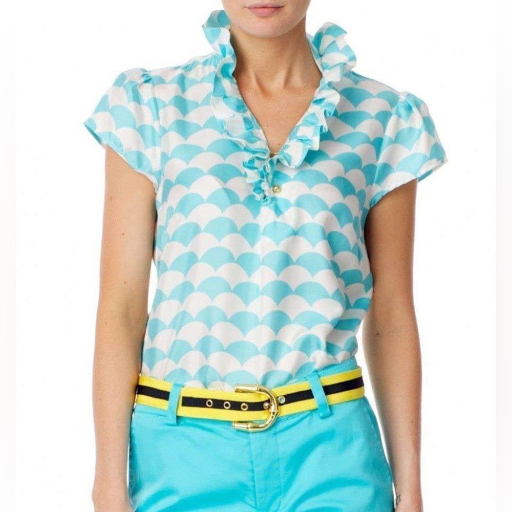 Elizabeth McKay 100% Silk Ruffled Blouse in Fontainee Turquoise Size 2 XS NWT